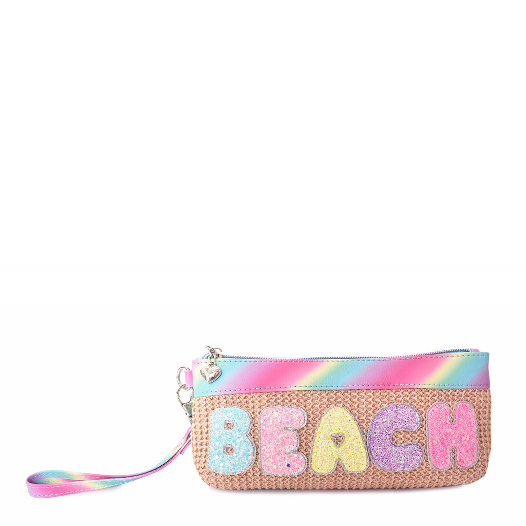 Front view of straw pencil case with detachable wrist loop embellished with glitter bubble letter 'BEACH' appliqués
