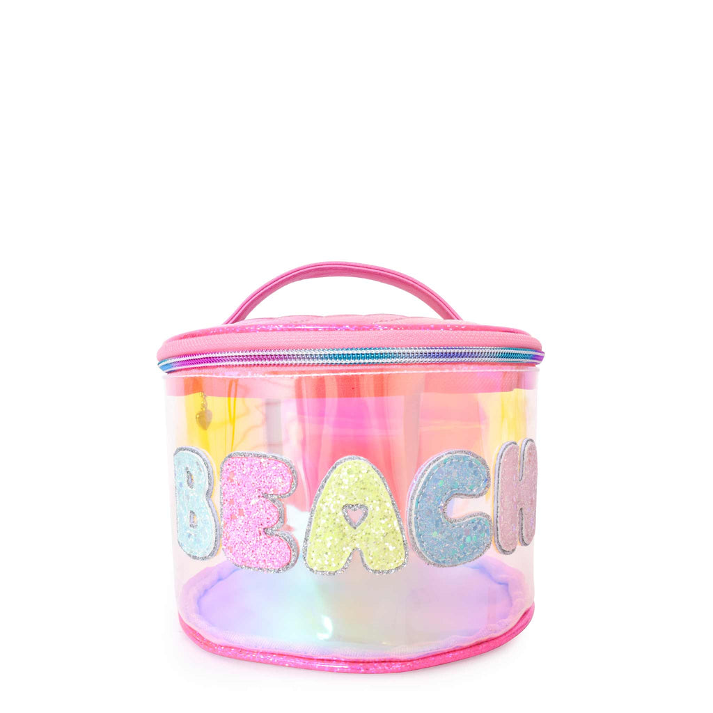 Front view of pink clear glazed round 'Beach' glam bag with glitter bubble-letter patches