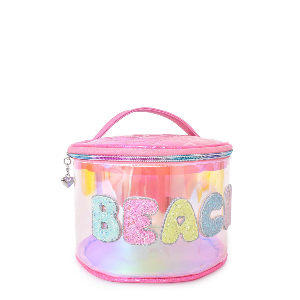 Side view of pink clear glazed round 'Beach' glam bag with glitter bubble-letter patches