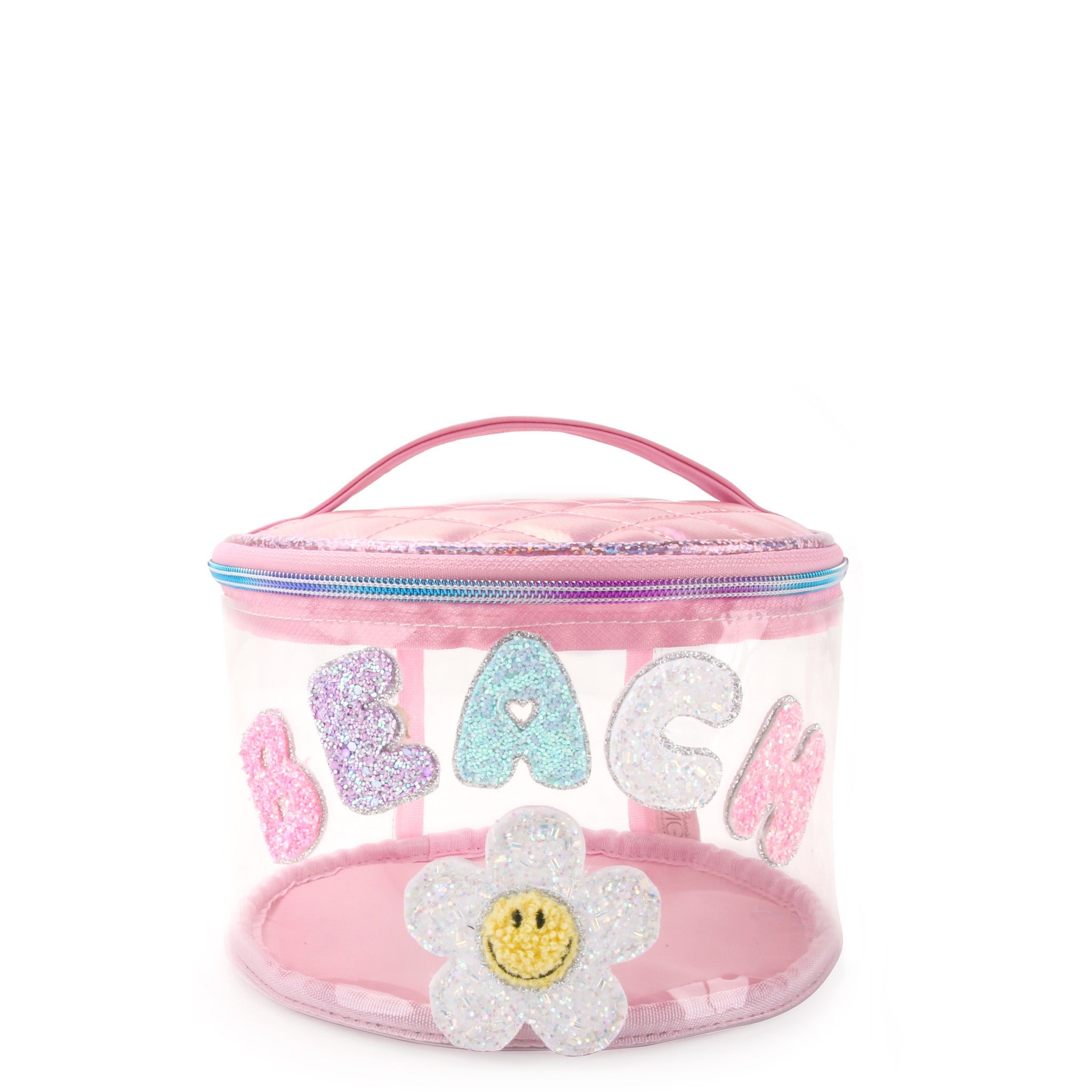 Front view of clear 'Beach' glam bag with daisy patch