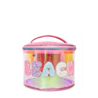 Front view of a pink clear glazed round train case with glitter bubble letters 'BEACH' 