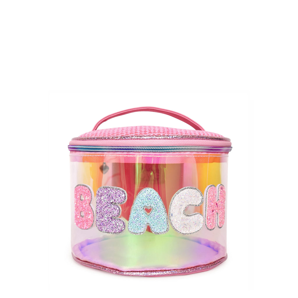 Front view of a pink clear glazed round train case with glitter bubble letters 'BEACH' 