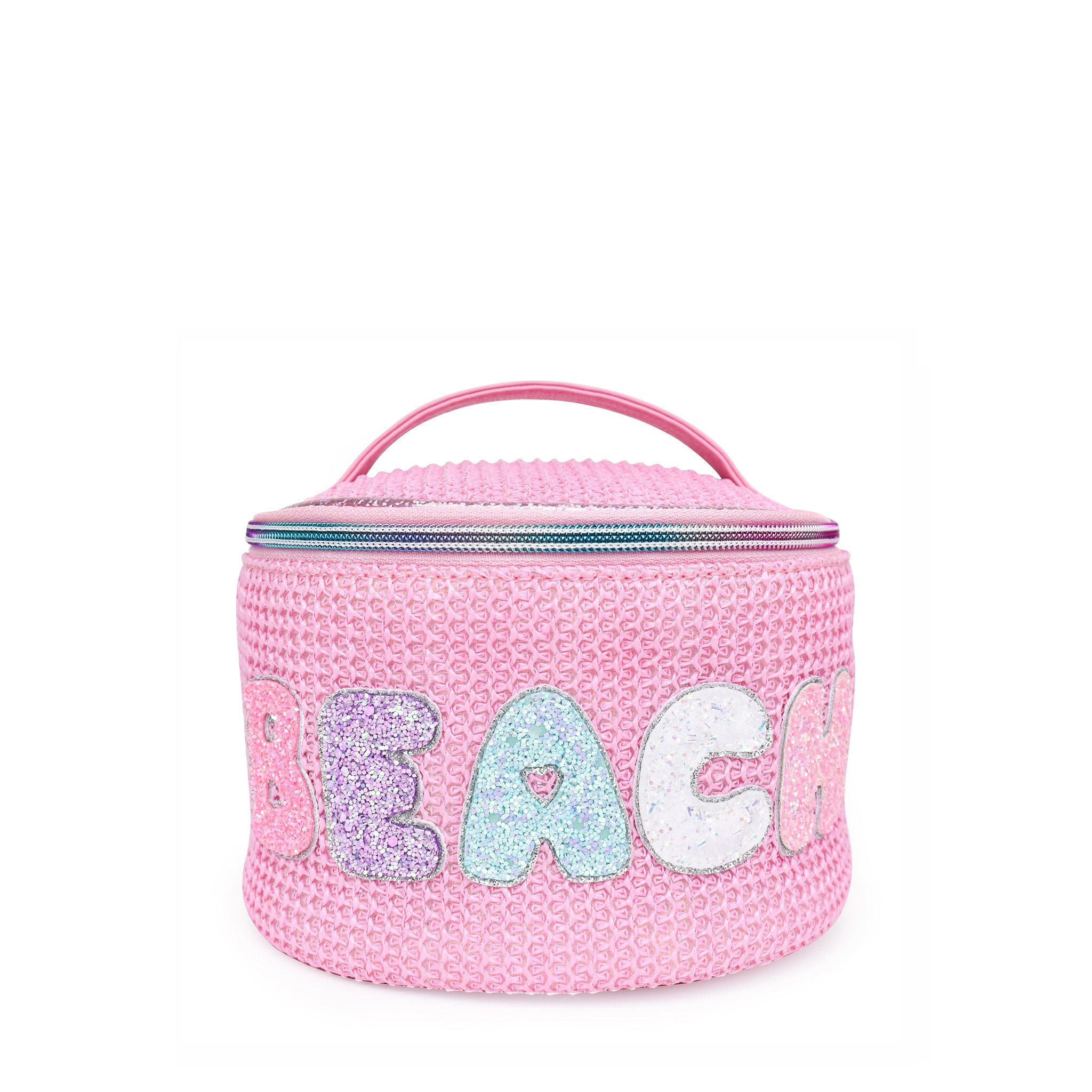 Front view of a pink straw round train case with glitter bubble letters 'BEACH'.