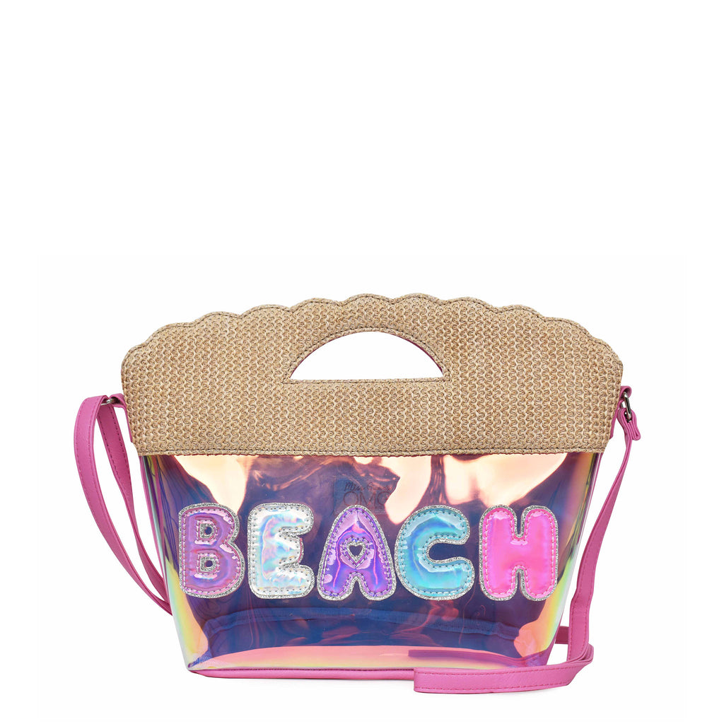 Front view of pink toned transparent shell shaped crossbody with straw top handle and metallic bubble letter 'BEACH' appliqués.