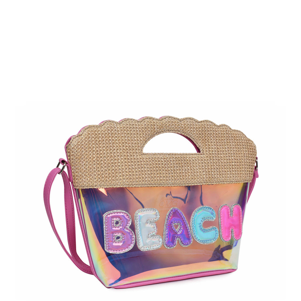 Side view of pink toned transparent shell shaped crossbody with straw top handle and metallic bubble letter 'BEACH' appliqués.