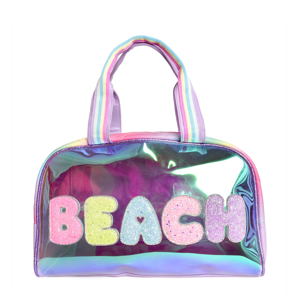 Front view of clear glazed lavender 'Beach' medium-sized duffle bag