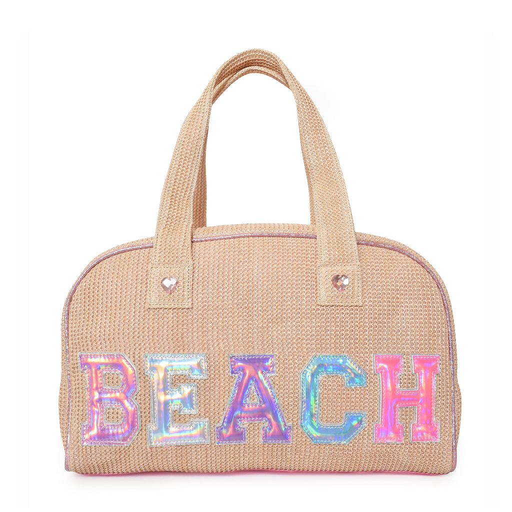 Front view of medium straw 'Beach' duffle bag with reflective varsity-letter patches