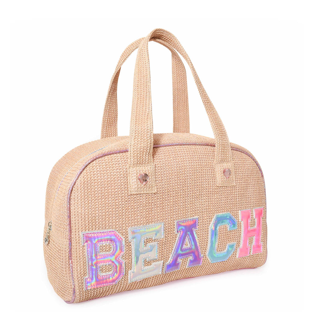 Side view of medium straw 'Beach' duffle bag with reflective varsity-letter patches