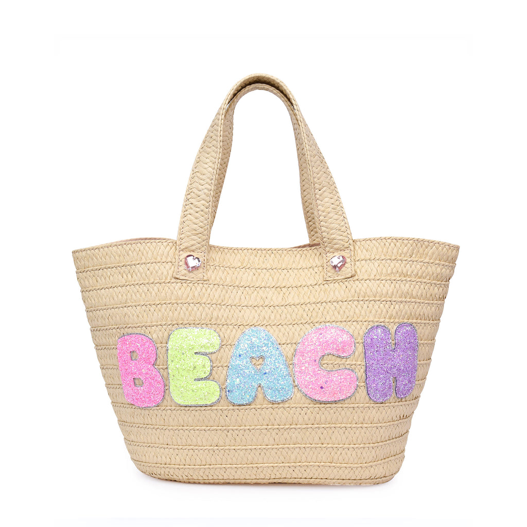 Front view of straw beach tote with glitter bubble letters 'BEACH' appliqué 