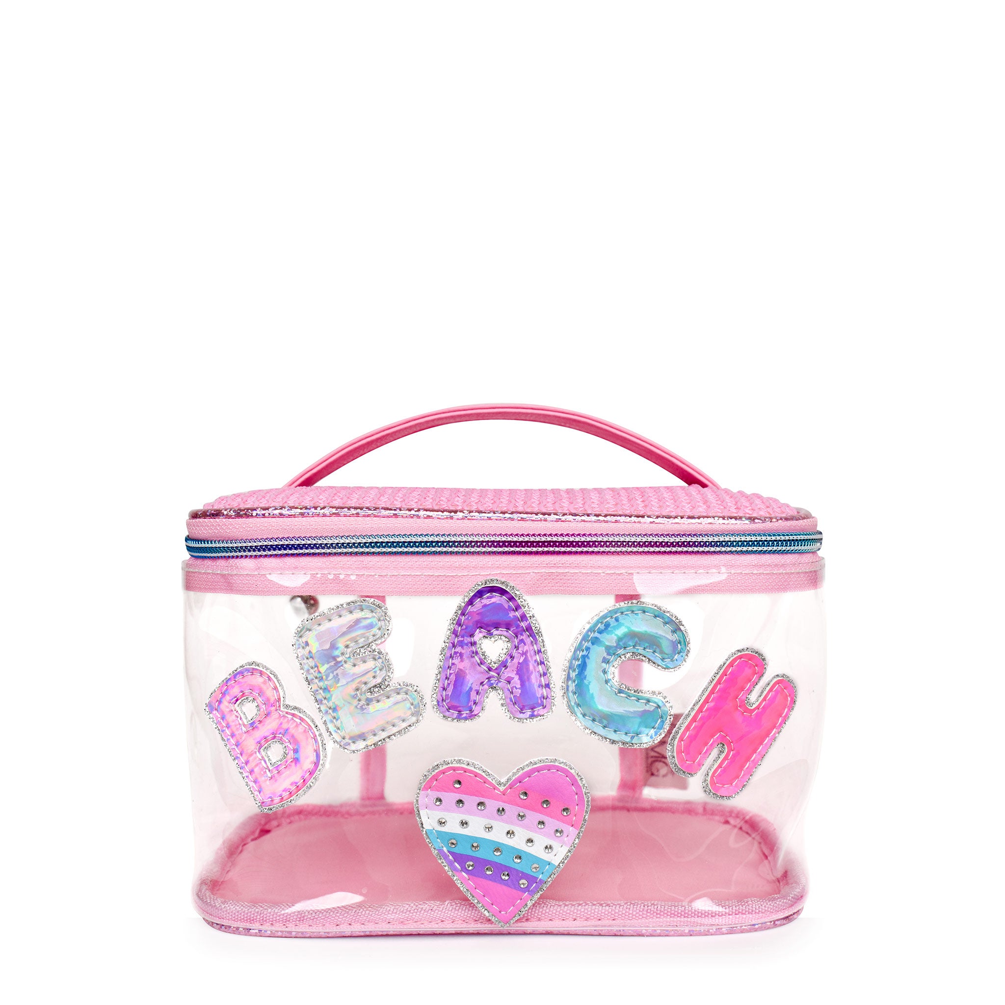 Front view of a clear train case with metallic bubble letters 'BEACH' and a rhinestone and striped heart patch