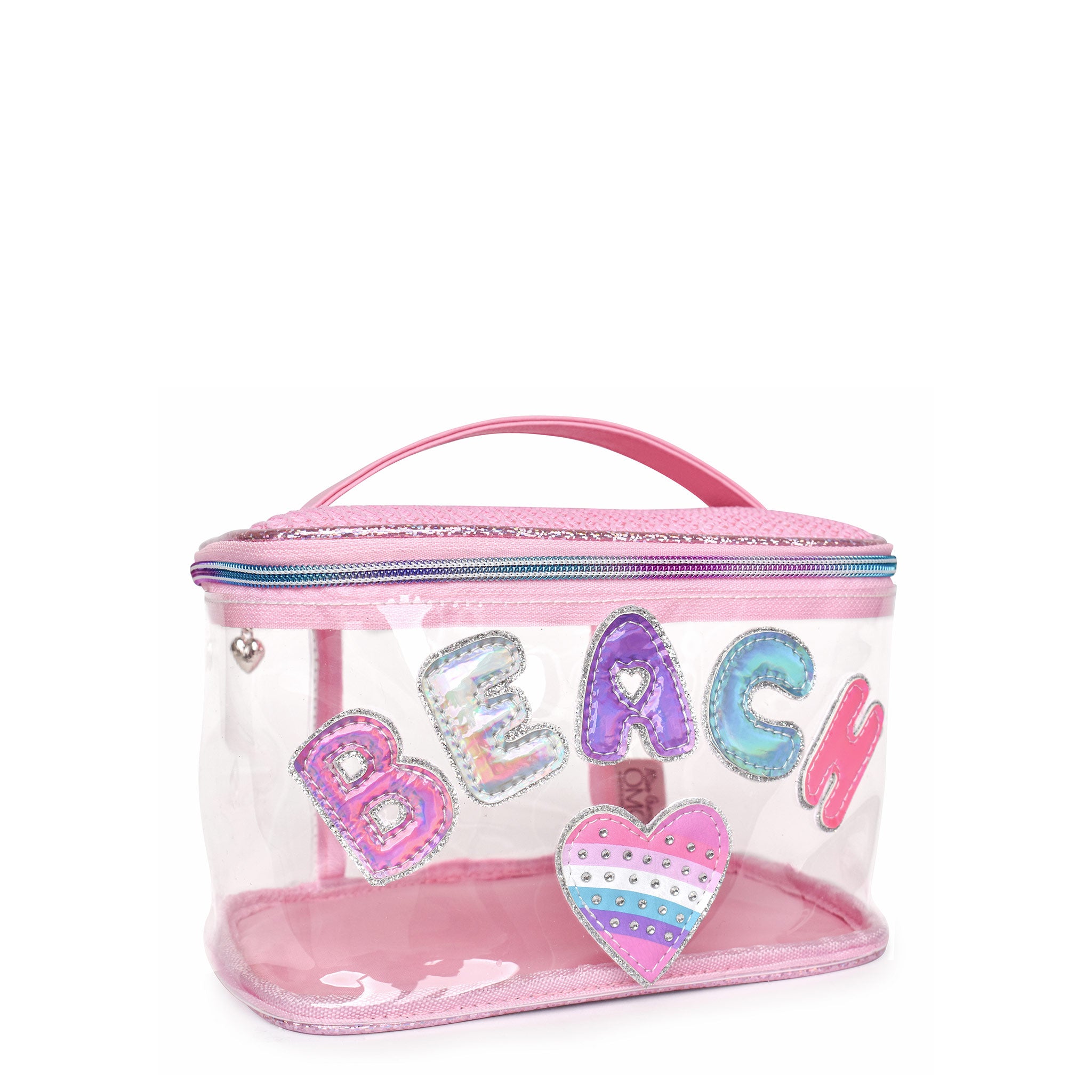 Side view of a clear train case with metallic bubble letters 'BEACH' and a rhinestone and striped heart patch