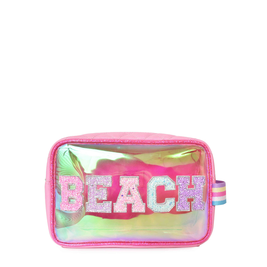 Front view of clear iridescent 'Beach' pouch with glitter varsity-letter patches