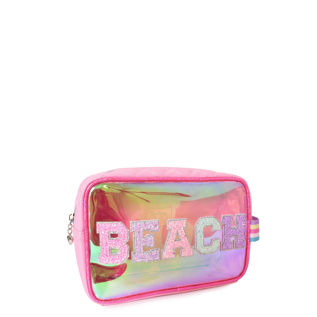 Side view of clear iridescent 'Beach' pouch with glitter varsity-letter patches
