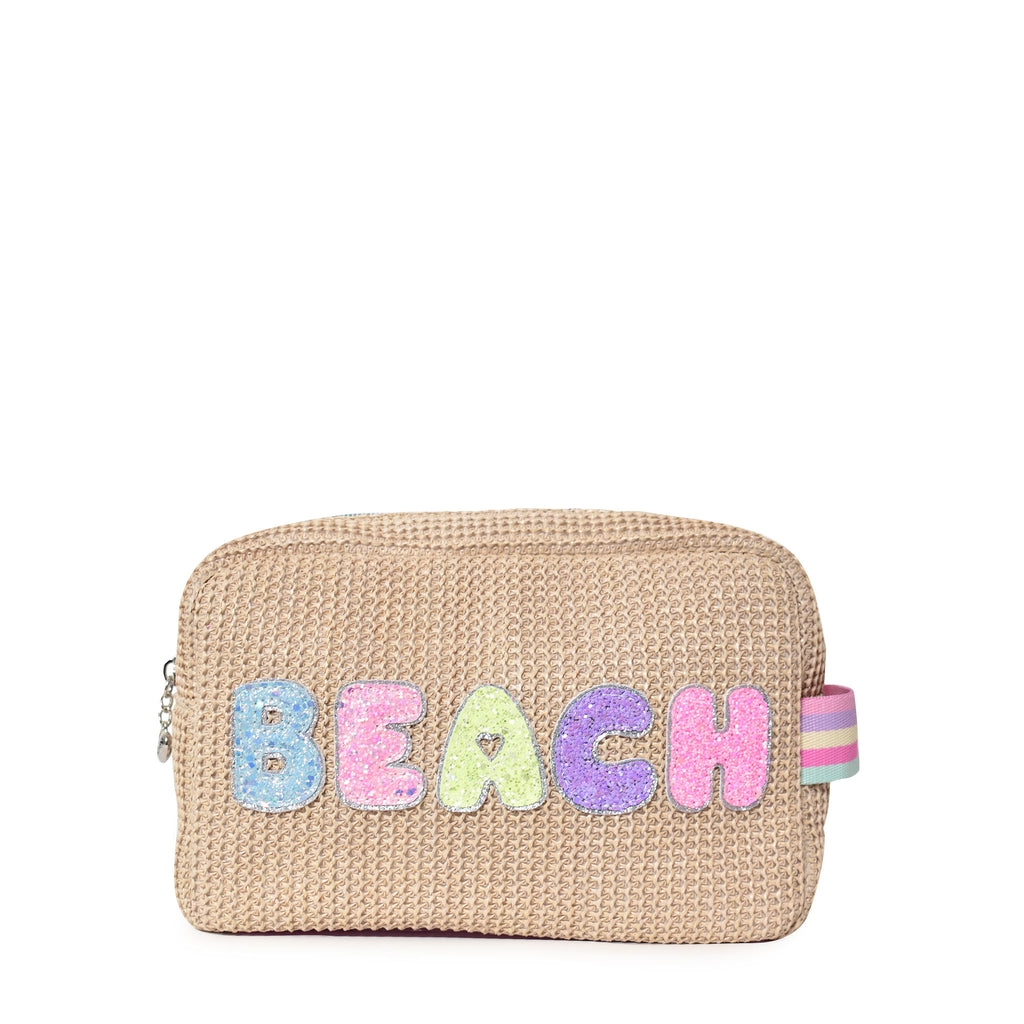 Front view of straw pouch with glitter bubble letter 'BEACH' appliqué
