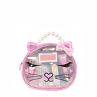 front view of a kitty cat clear glam bag with beauty products 