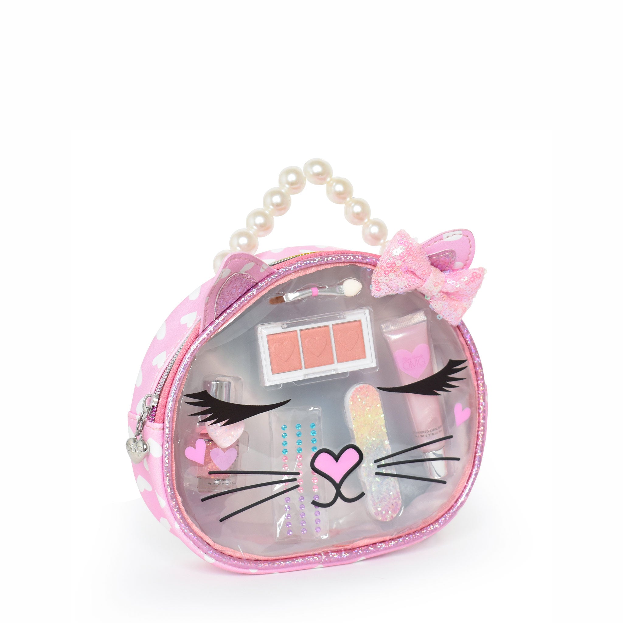 side view of a kitty cat clear glam bag with beauty products 
