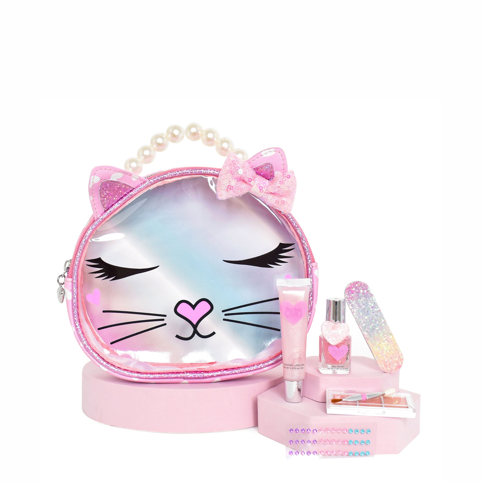 front view of a kitty cat clear glam bag with beauty products 