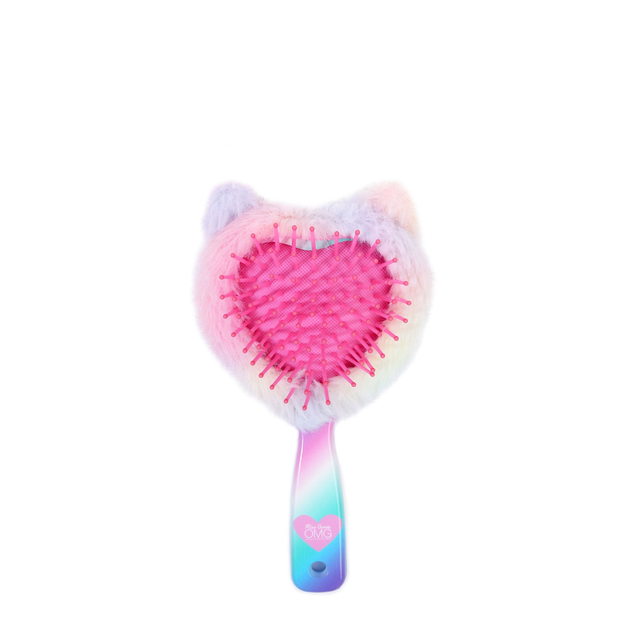 back view of a plush kitty cat face heart-shaped hairbrush 