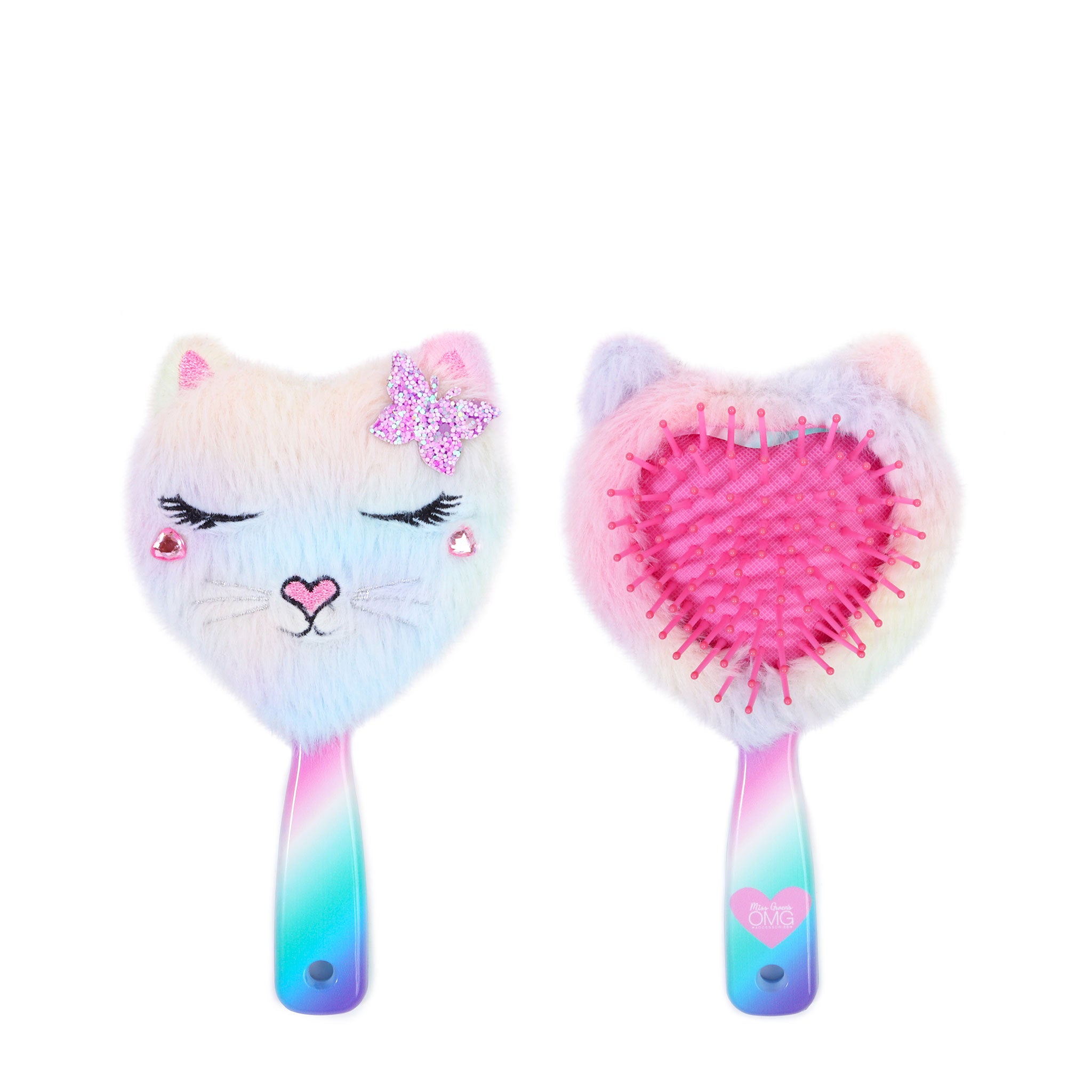 Front and back view of a plush kitty cat face heart-shaped hairbrush 