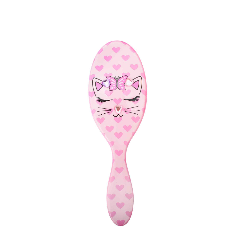 Front view of pink heart-printed kitty round hairbrush