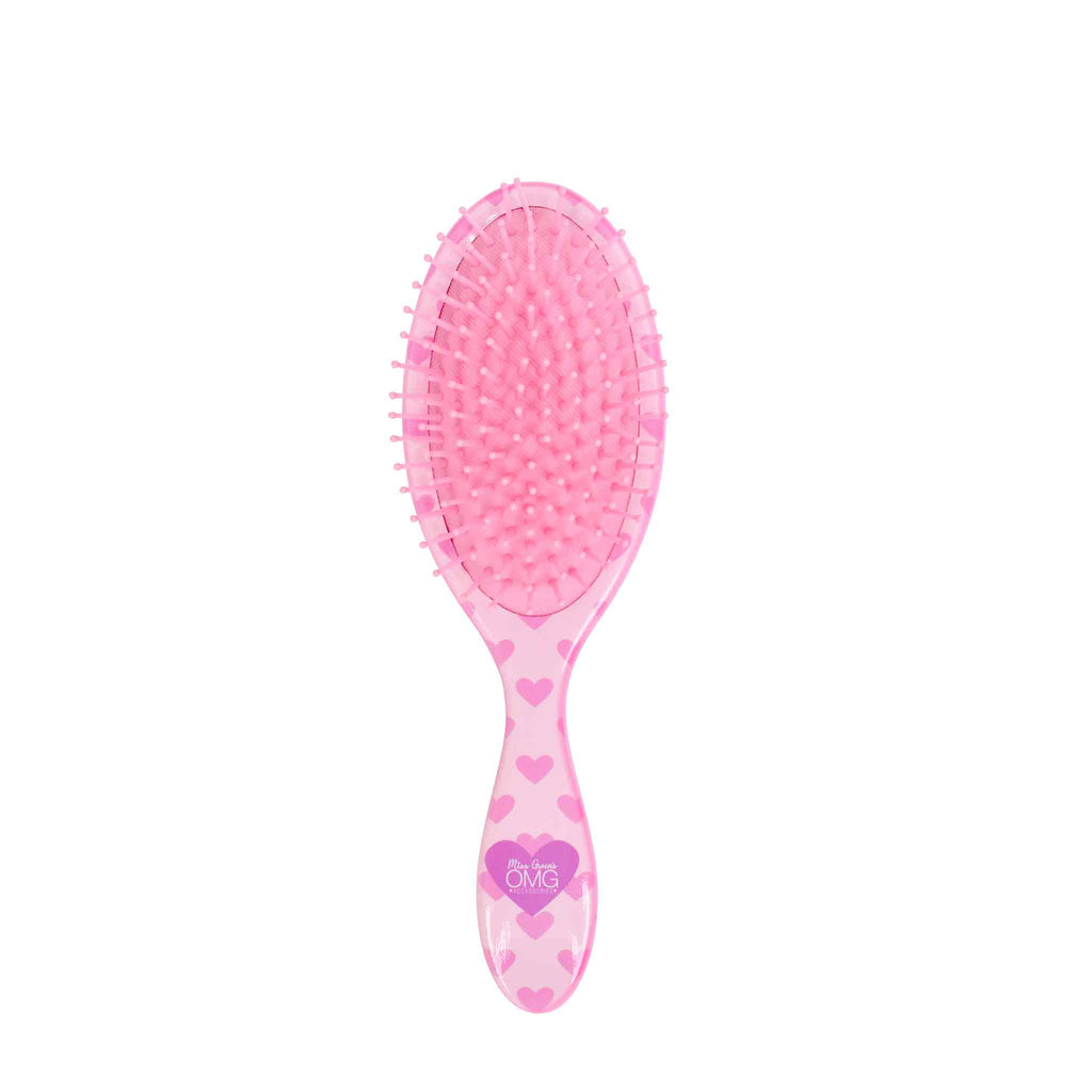 Back view of pink heart-printed kitty round hairbrush