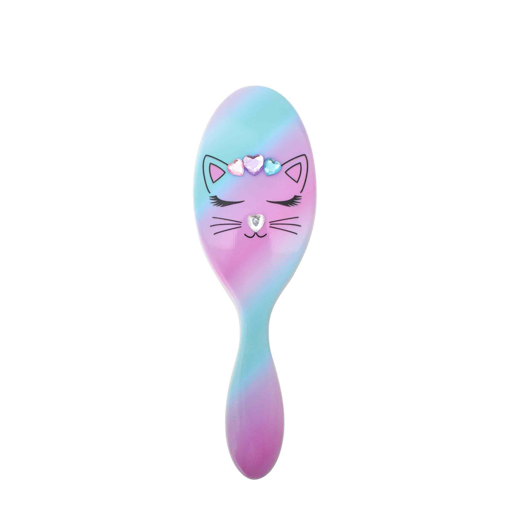 Front view of icy ombre-printed kitty round hairbrush