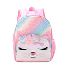 front facing view of a large glitter pastel ombre backpack with a kitty front zipper pocket