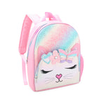 side view of a large glitter pastel ombre backpack with a kitty front zipper pocket