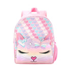front facing view of a large backpack with glitter printed hearts and a kitty front zipper pocket
