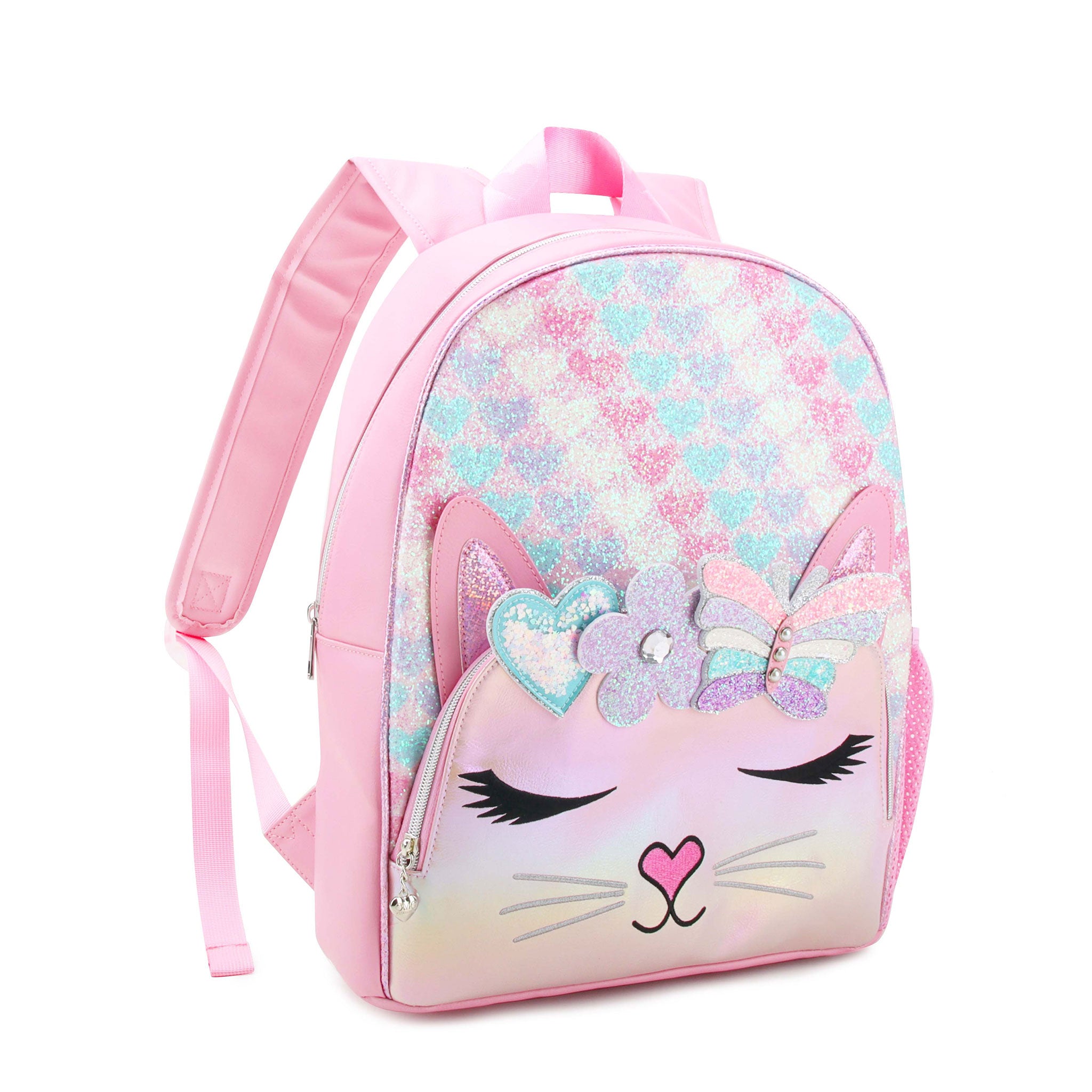 side view of a large backpack with glitter printed hearts and a kitty front zipper pocket