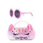 Front view of a glitter kitty face sunglass case with ombre flower shaped sunglasses 