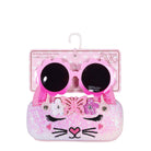 Front view of a glitter kitty face sunglass case with ombre flower shaped sunglasses 