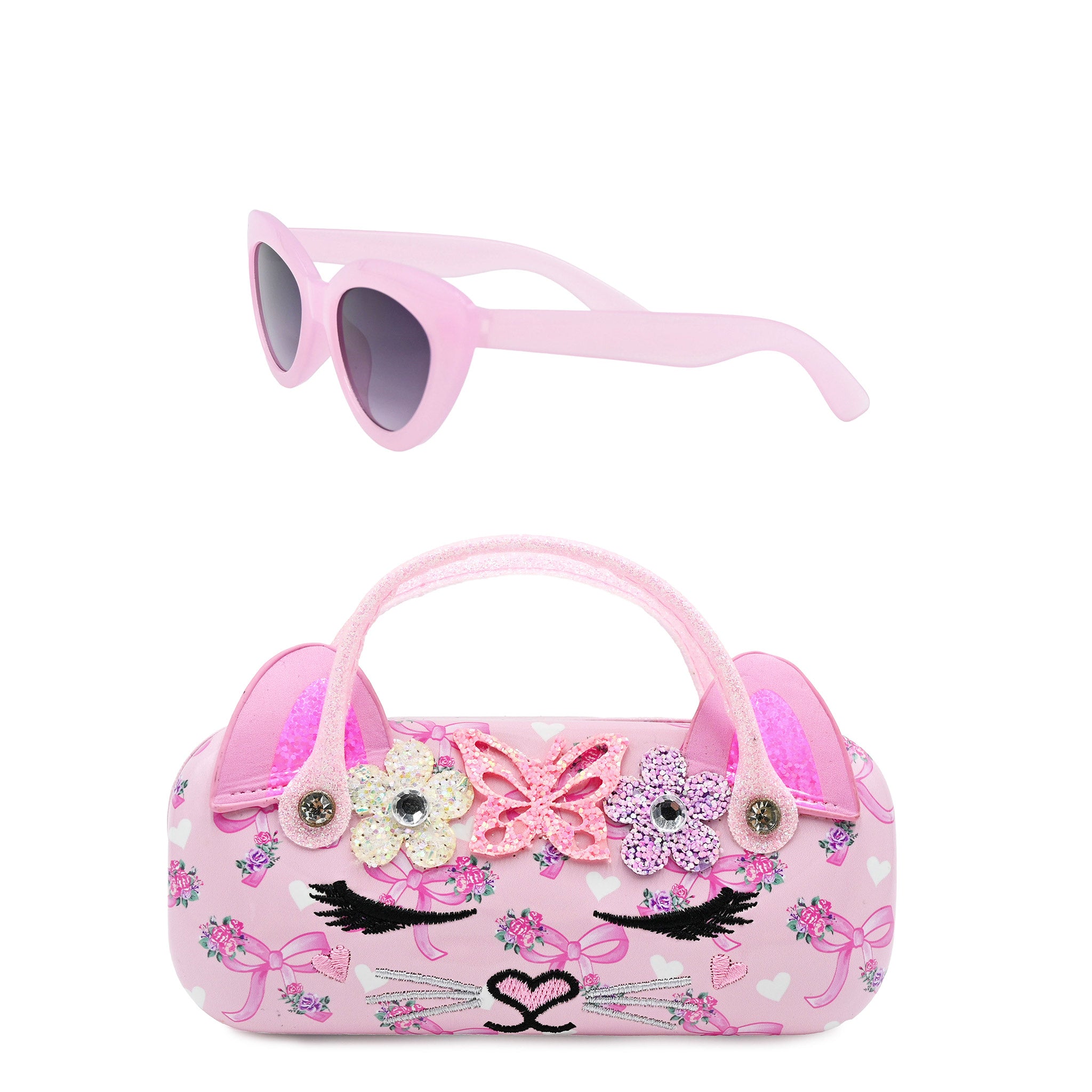 cat sunglasses case with  matching pink sunglasses on a white background