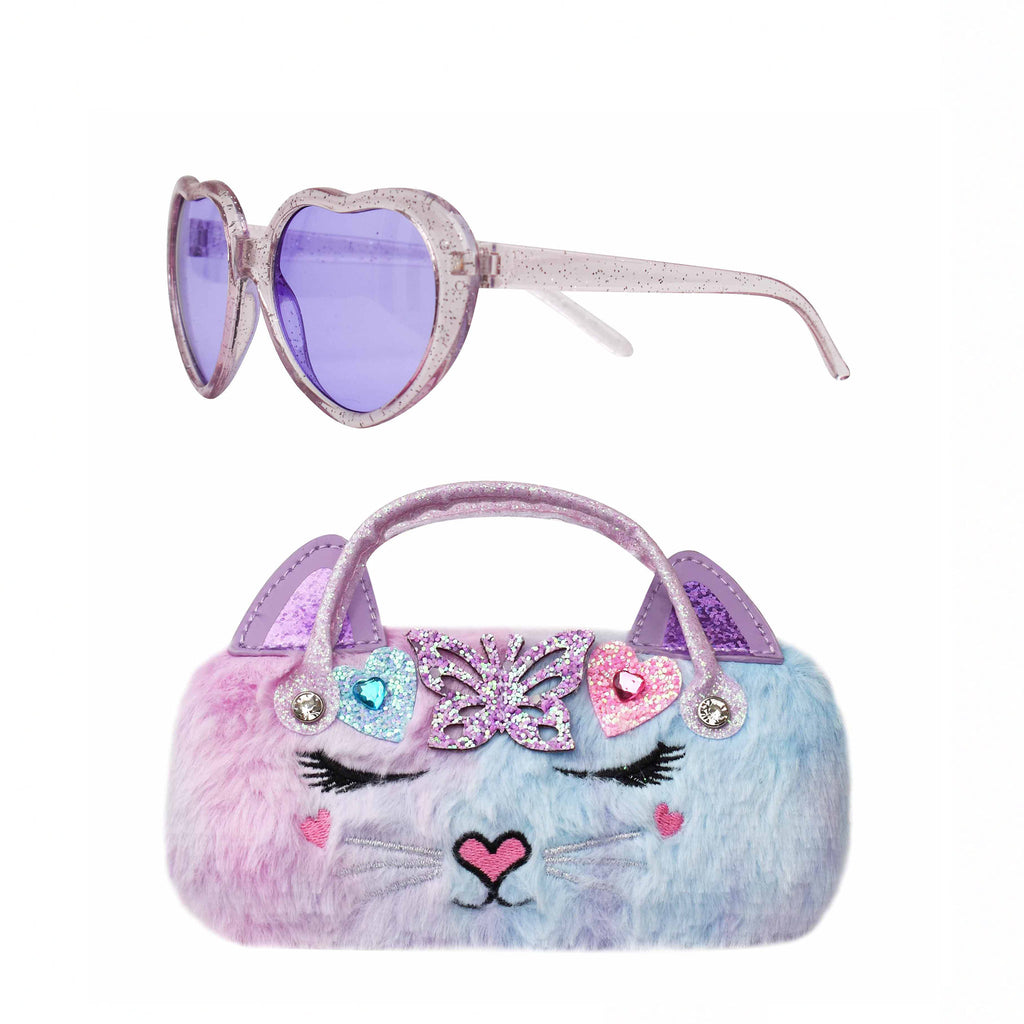 Front view of pastel ombre plush kitty cat sunglass case with butterfly heart crown patch and heart-shaped sunglasses set