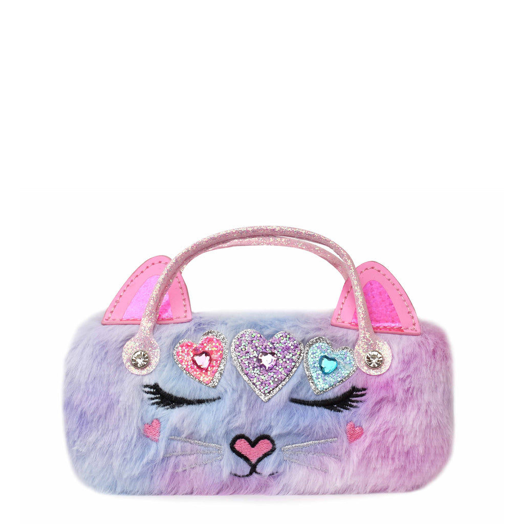 Front view of plush cat face sunglass case with glitter hearts