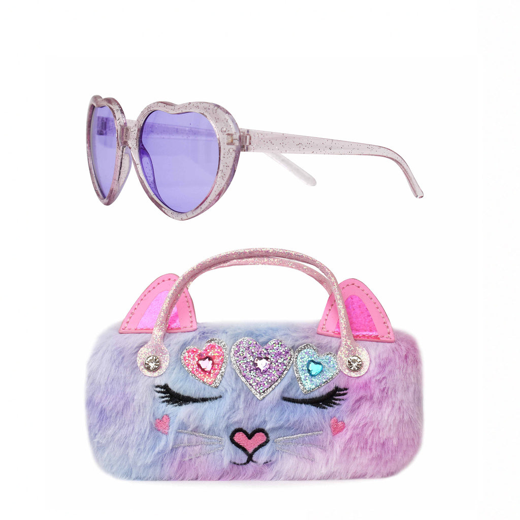 Front view of lavender pastel plush kitty cat sunglass case with heart crown patch and heart-shaped sunglasses set
