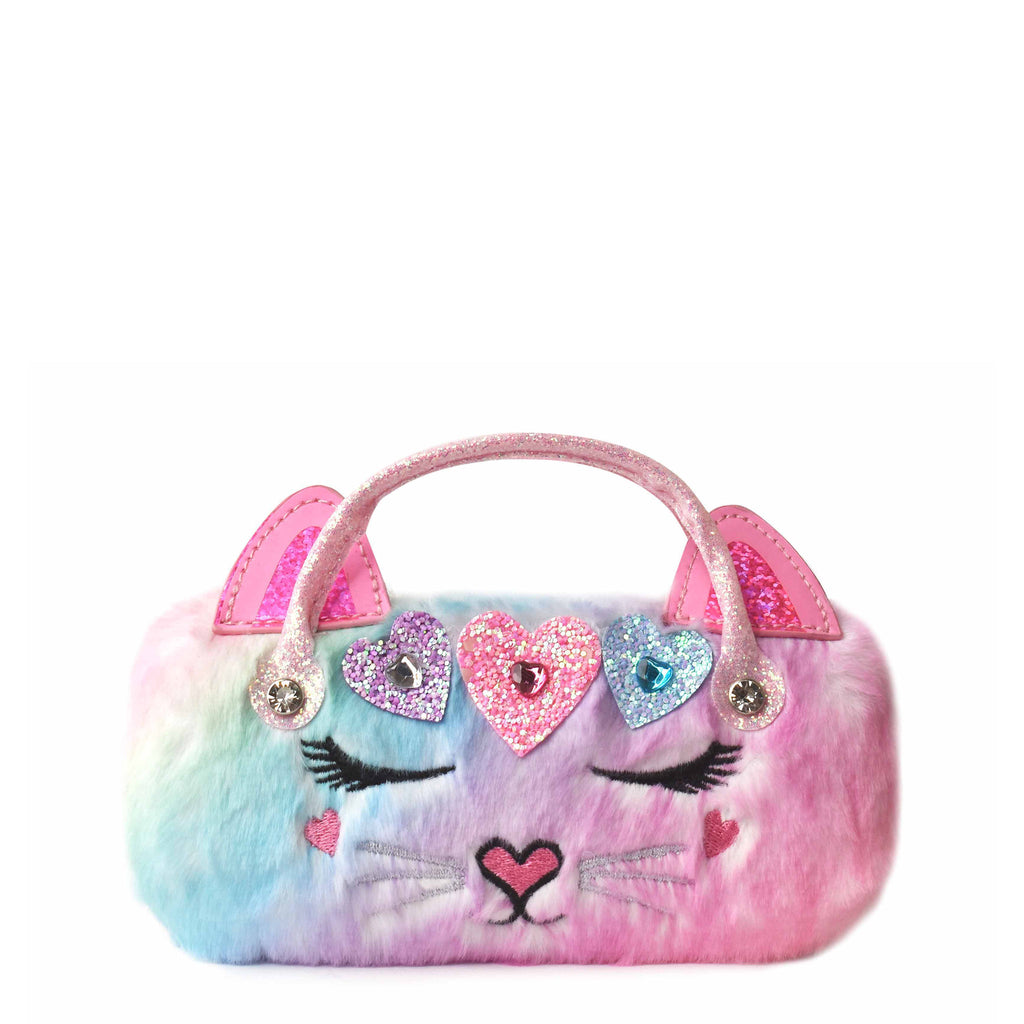 Front view of ombre plush cat face sunglass case