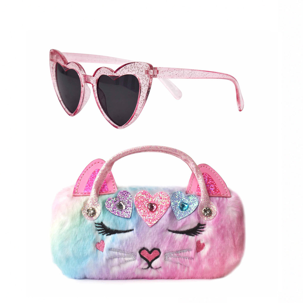 Front view of rainbow ombre plush kitty cat sunglass case with heart crown patch and heart-shaped sunglasses set