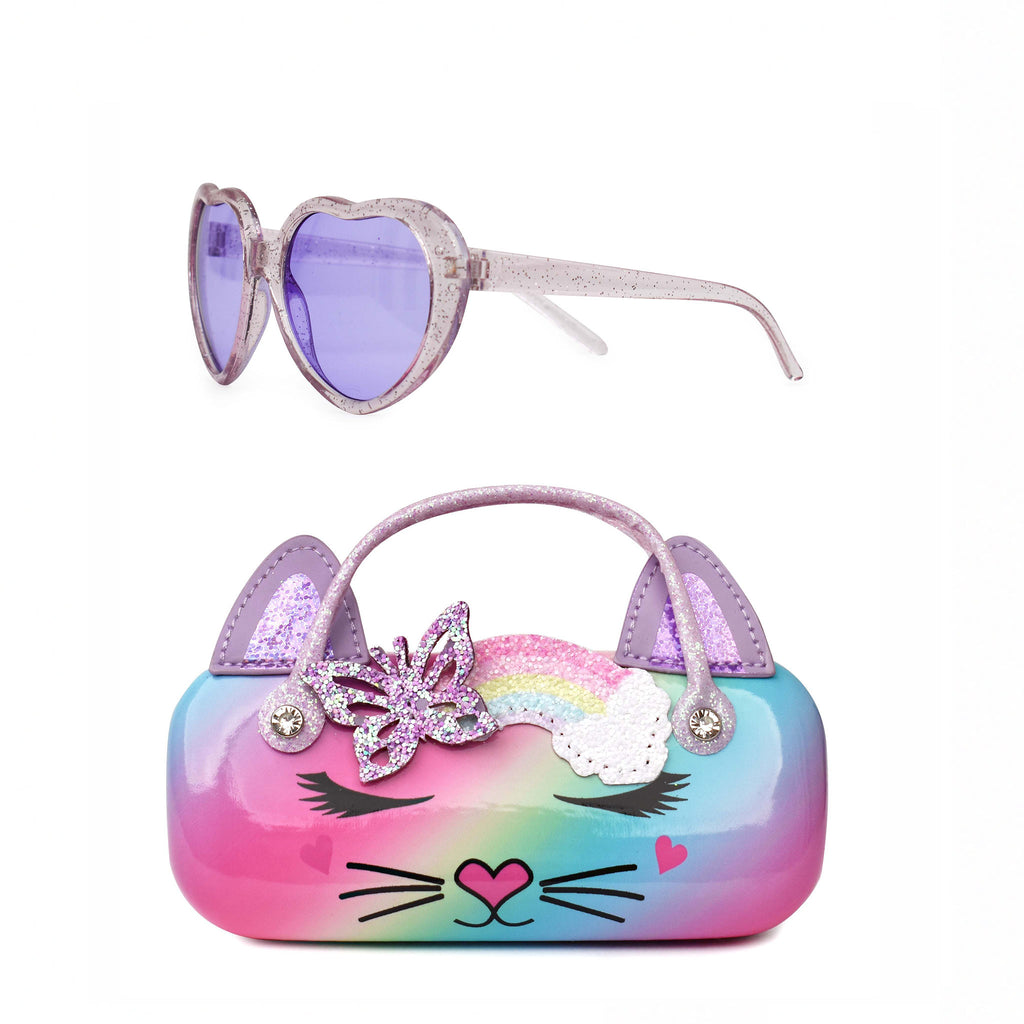 Front view of rainbow ombre kitty cat sunglass case with butterfly rainbow crown patch and heart-shaped sunglasses set