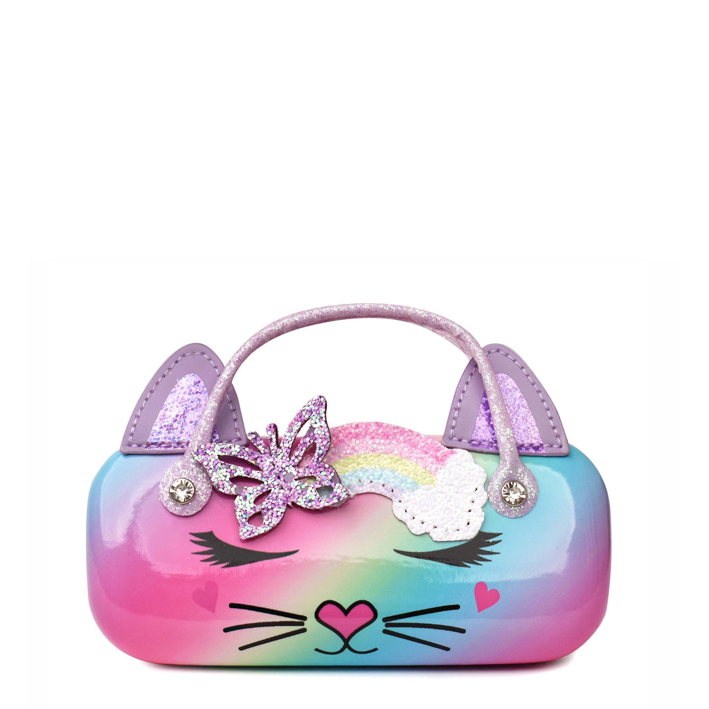 Front view of rainbow ombre kitty cat sunglass case with butterfly rainbow crown patch 