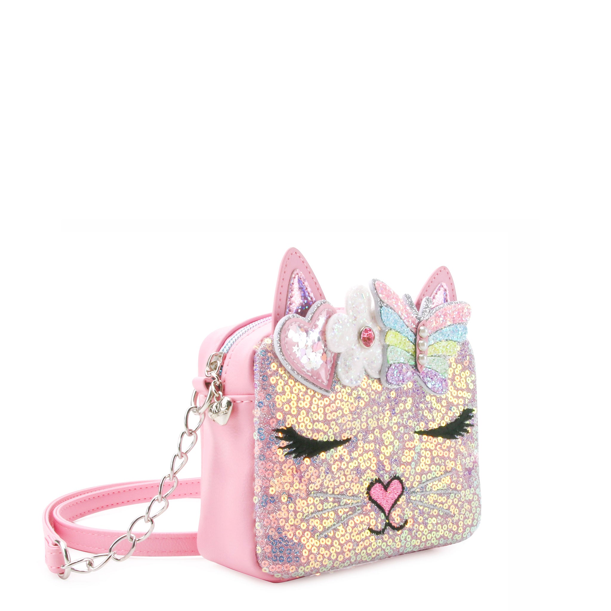 side view of a sequin kitty face crossbody bag with a glitter butterfly  crown applique