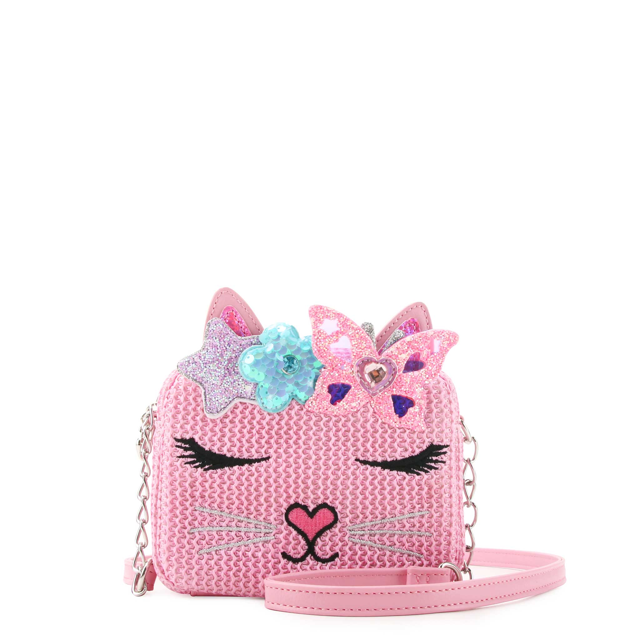 Front view of a pink straw kitty cat face crossbody with a glitter butterfly and flower crown.