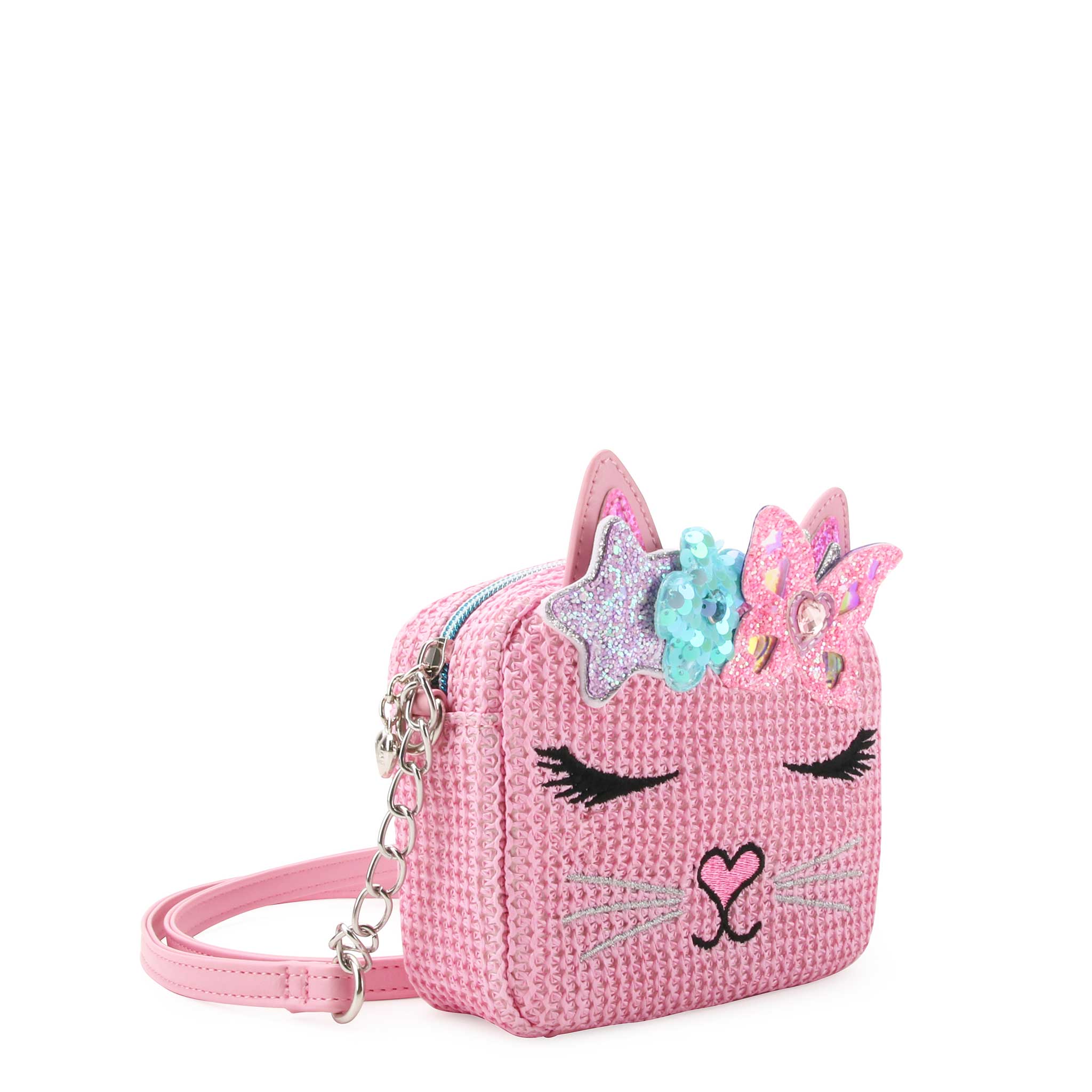 side view of a pink straw kitty cat face crossbody with a glitter butterfly and flower crown.