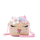 front view of a straw kitty cat crossbody with a glitter rainbow crown