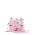 front view of a pink tweed kitty cat crossbody with a confetti filled butterfly & flower crown appliqué 