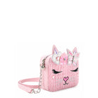 side view of a pink tweed kitty cat crossbody with a confetti filled butterfly & flower crown appliqué 