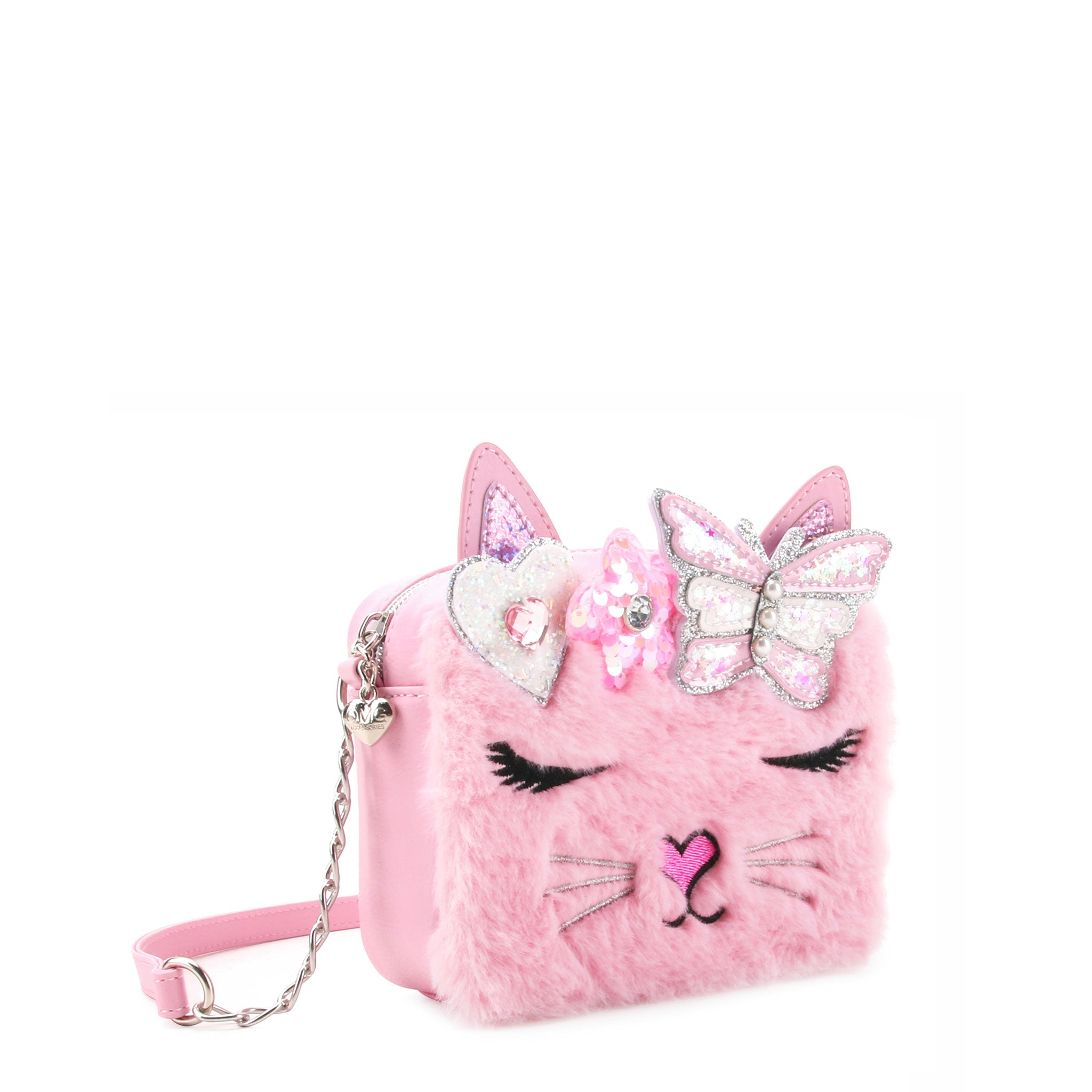 3/4 angle facing view of a pink faux fur kitty mini bag with crossbody strap 