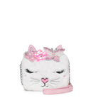 A white faux fur cat-face crossbody bag with embroidered closed eyes, a pink nose, whiskers, and pink sequined bow and butterfly embellishments on the top, shown on a plain white background.