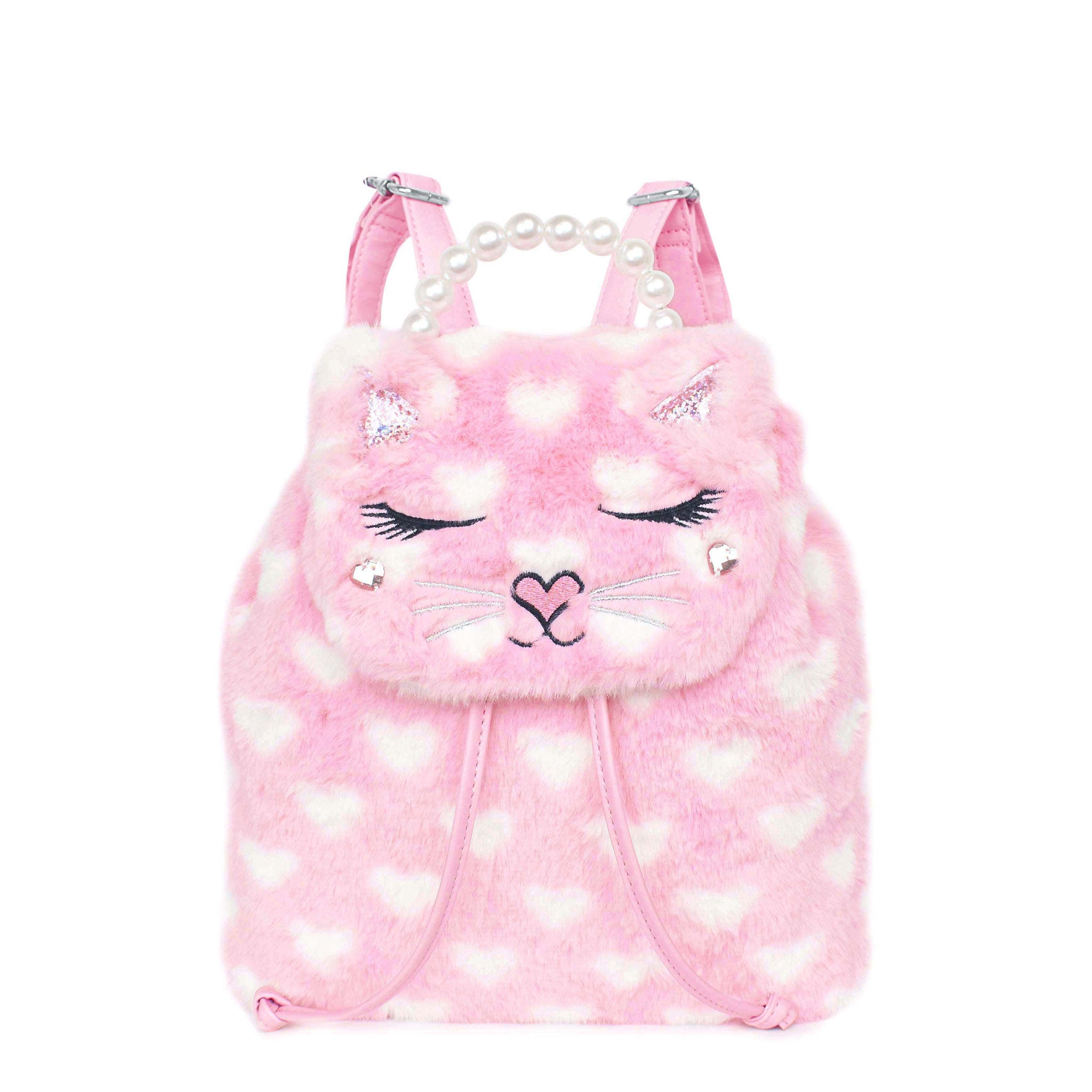 Front view of a heart-printed plush, kitty cat face drawstring mini backpack