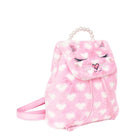 side view of a heart-printed plush, kitty cat face drawstring mini backpack
